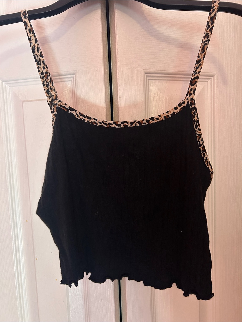 Black Women’s Lettuce Cami Tank with Leopard Trim
